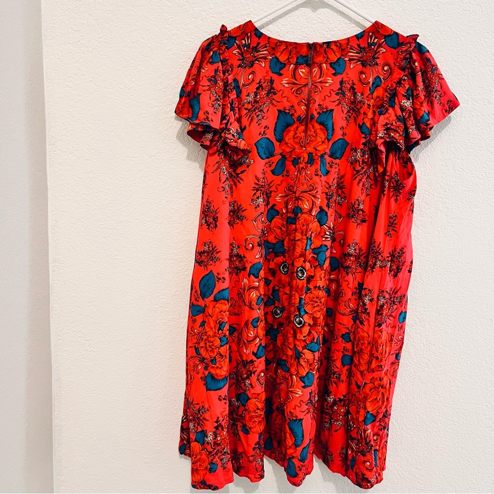 Bohemian Free People Pretty Red and Blue Floral Dress butterfly sleeves lined - Picture 2 of 10